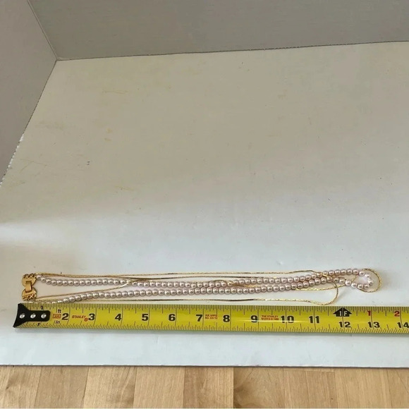 Gold Tone Faux Pearl Multi Strand Chain 3 Layer Long Statement Necklace Jewelry - Picture 4 of 4